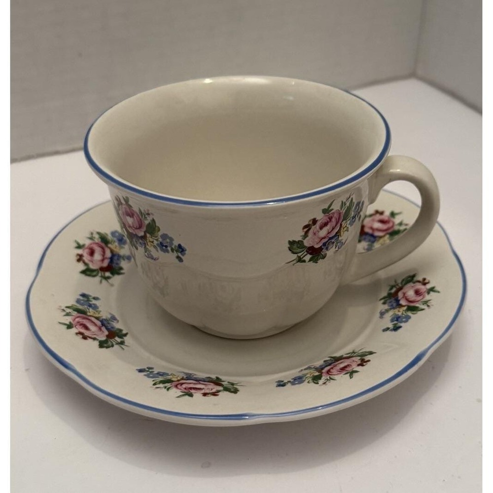 Teacup And Saucer Rose And Floral Pattern With‎ Blue Rim Made In China
